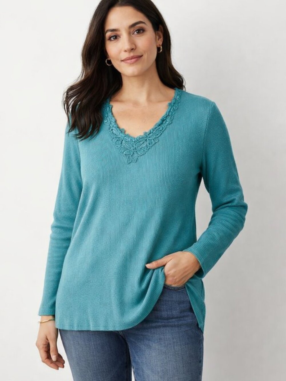 JM Collection Ribbed Lace V‑Neck Long Sleeve Top Aqua Size L